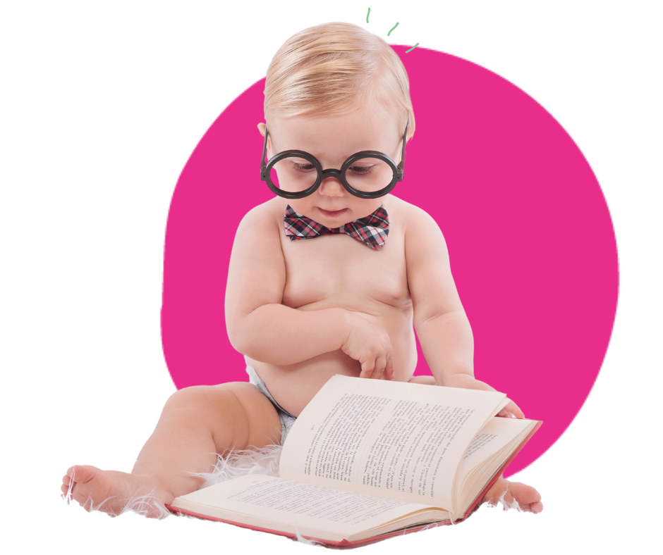 BEBE QUI LIT UN LIVRE AVEC BULLE ROSE
