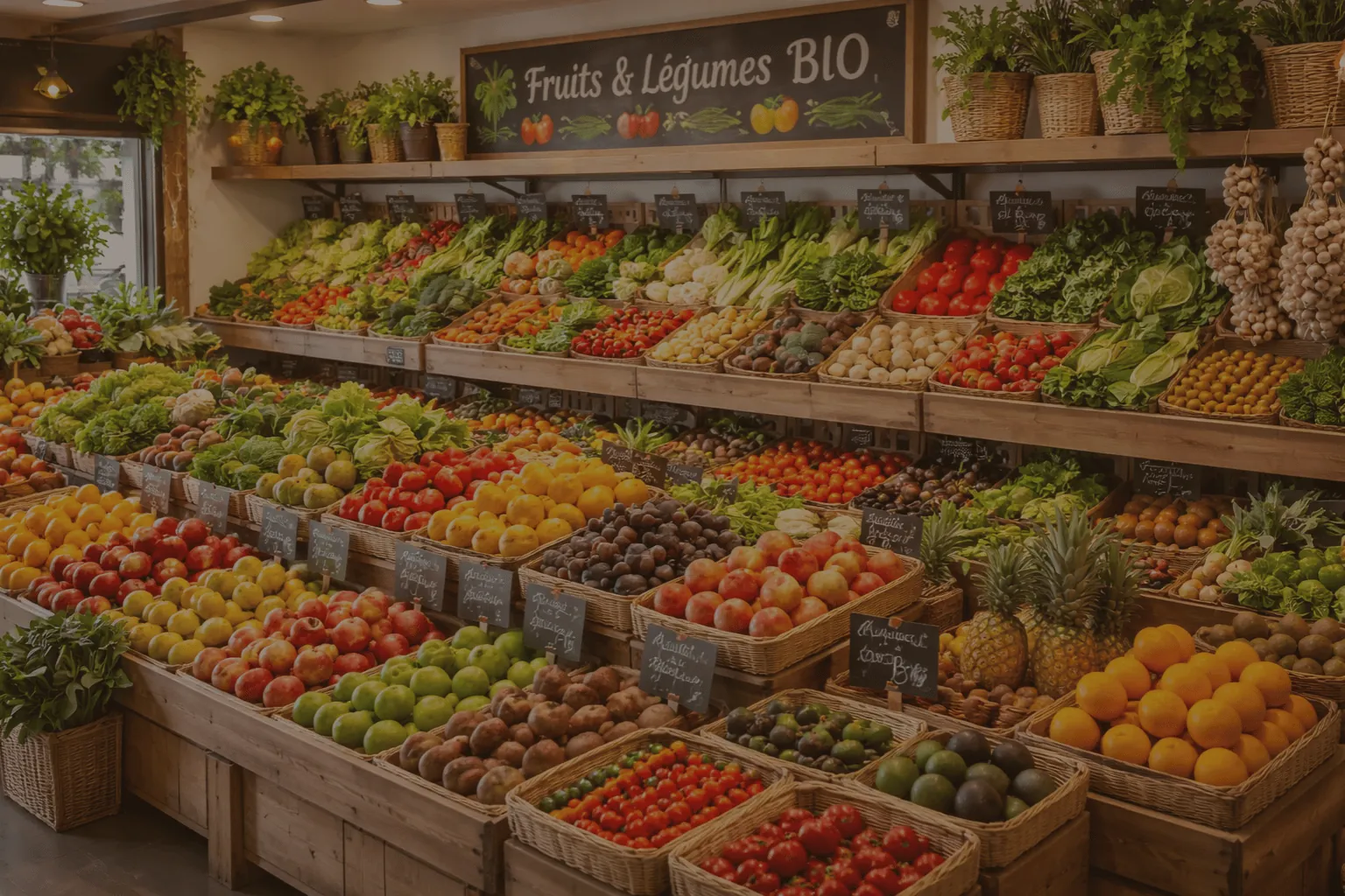 Etalage de fruits et légumes Bio dans un magasin Accord Bio